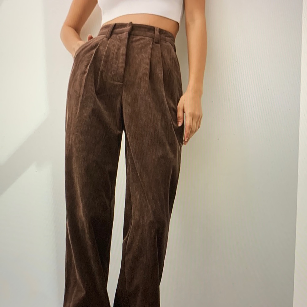 Wide Leg Front Pleat Corduroy Trousers